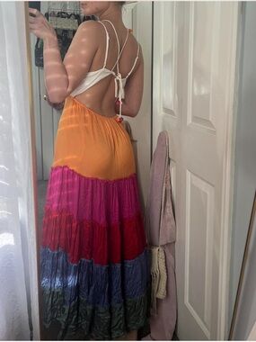 Anthropologie White and Orange Pink Tiered Maxi Dress